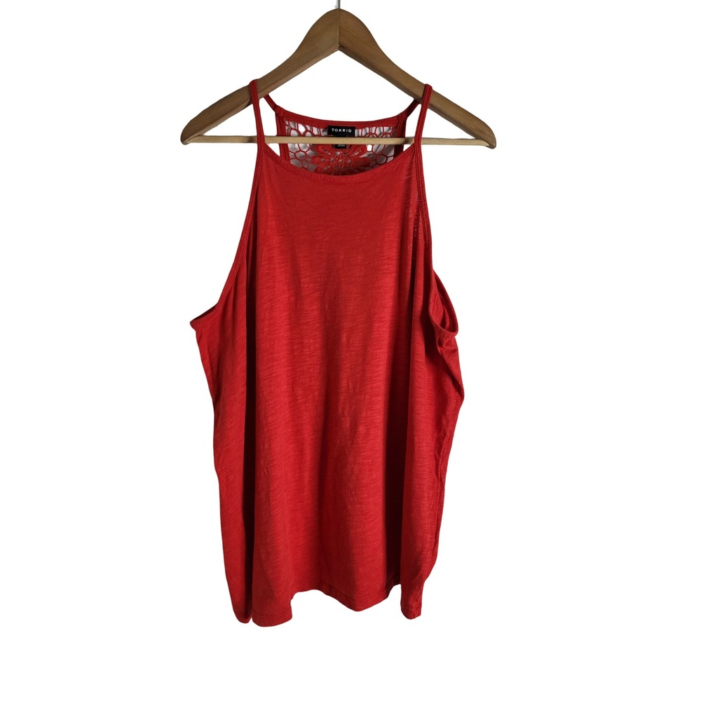 Torrid Red Crochet Lace Back Halter Tank Top Plus Size 1 Floral Boho Slub Knit